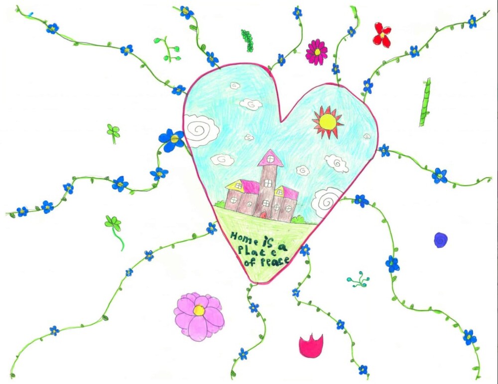 The May 2023 What Home Means to Me Winner. The drawing features a heart with various branches and flowers.